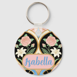 Llavero Arte Deco de Nombre Personalizado Rosas Rosadas Fl