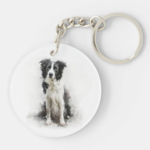 Llavero Arte en Acuarela de Border Collie Blanco y Negro