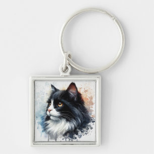 Llavero Arte en Acuarela de Gato Esmoquin Adorable