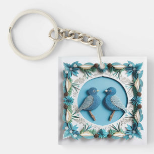 Llavero Arte en papel de pájaros arrendajos azules