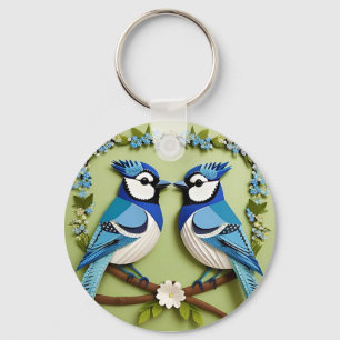 Llavero Arte en papel de pájaros arrendajos azules