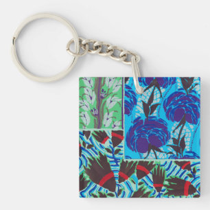 Llavero Arte floral azul y verde maximalista vibrante