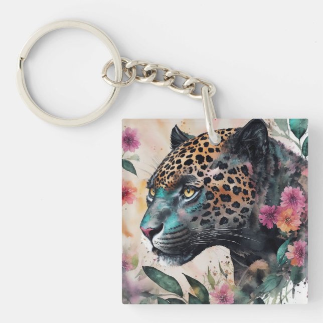 Llavero Arte floral de acuarela jaguar (Frente)
