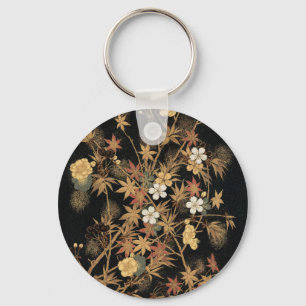 Llavero Arte Floral de Otoño Vintage Japonés Negro Dorado