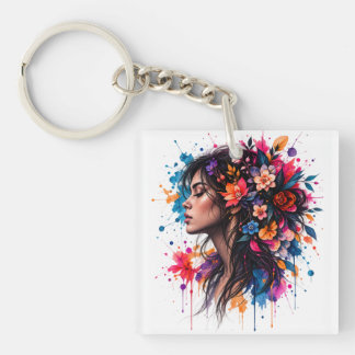 Llavero Arte Floral Femenina Acuarela Colorida