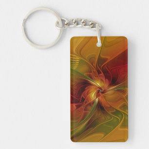 Llavero Arte floral fractal abstracto rojo naranja marrón 
