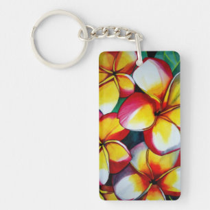 Llavero Arte floral frangipano rosa y amarillo