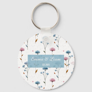 Llavero Arte Floral Personalizado Azul y Rosa Minimalista 