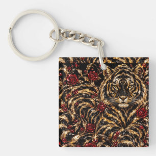 Llavero Arte Floral Tigre Dorado y Rosas Rojas