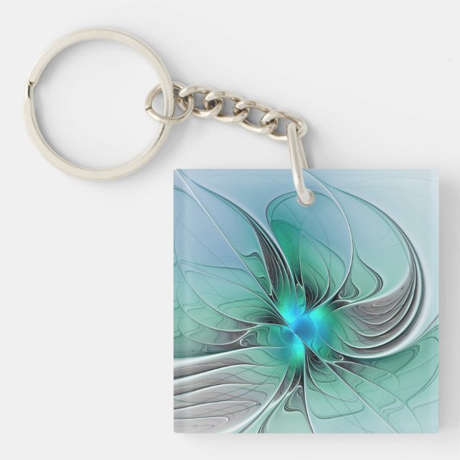 Llavero Arte fractal moderno, abstracto con azul (Frente)
