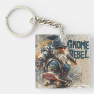 Llavero Arte gráfico de gnomos rebeldes en monopatín