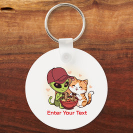 Llavero Arte Kawaii de Alien y Gato Compartiendo Ramen