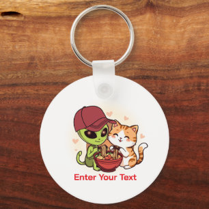 Llavero Arte Kawaii de Alien y Gato Compartiendo Ramen