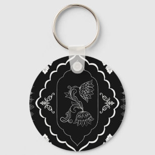 Llavero Arte lineal floral blanco elegante sobre negro