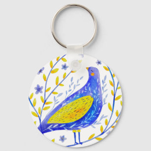 Llavero Arte moderno de pájaros azules y amarillos en acua
