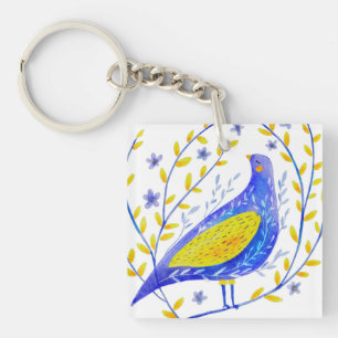 Llavero Arte moderno de pájaros azules y amarillos en acua