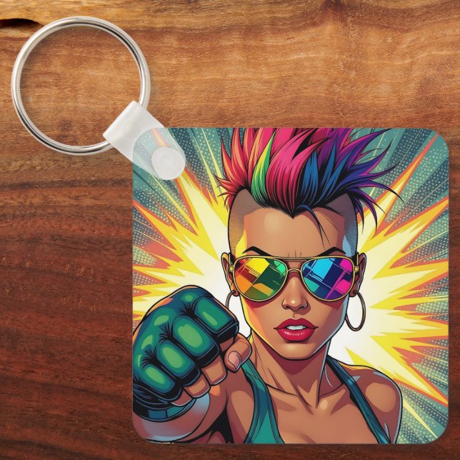 Llavero Arte pop de la lesbiana LGBT Mohawk Uppercut (Anverso)