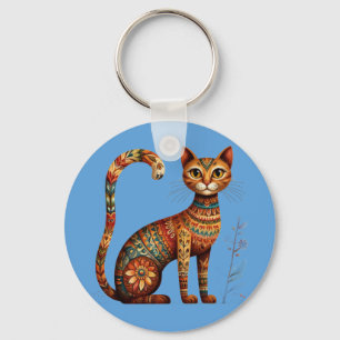 Llavero Arte Popular Boho Tribal Gato Lindo con Flores