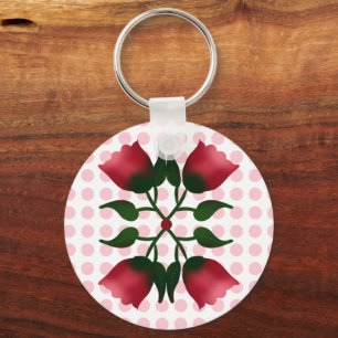 Llavero Arte popular floral rojo retro con patrón de lunar