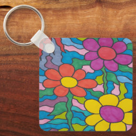 Llavero Arte retro de flores hippie 