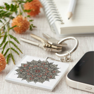 Llavero Arte tradicional indio de Mandala en negro y rojo