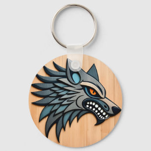 Llavero Arte tribal estilizado de lobo con ojos naranjas