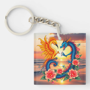 Llavero Arte vibrante del dragón y el fénix con flores