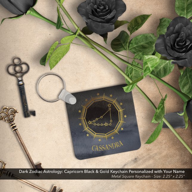 Llavero Astrología zodiaca oscura: Nombre dorado negro de  (Dark Zodiac Astrology: Capricorn Black & Gold Keychain Personalized with Your Name)