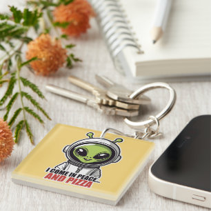 Llavero Astronauta Alien Adorable "Vengo en Paz y Pizza"