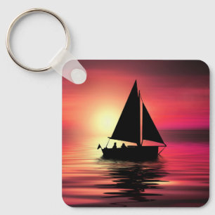 Llavero Atardecer, barco, mar con fondo Naranja