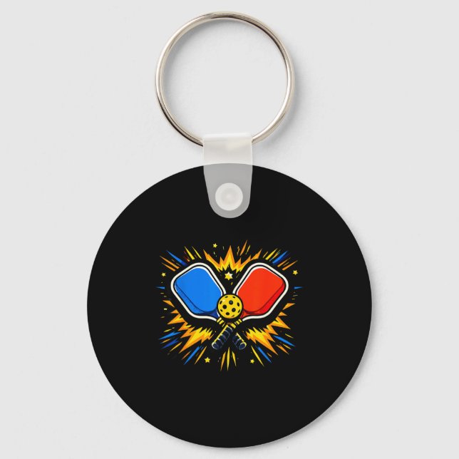 Llavero Atleta de pickleball de estilo cómico rojo azul de (Anverso)