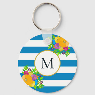 Llavero Audaz Floral Tropical Azul Blanco Tirado Monograma