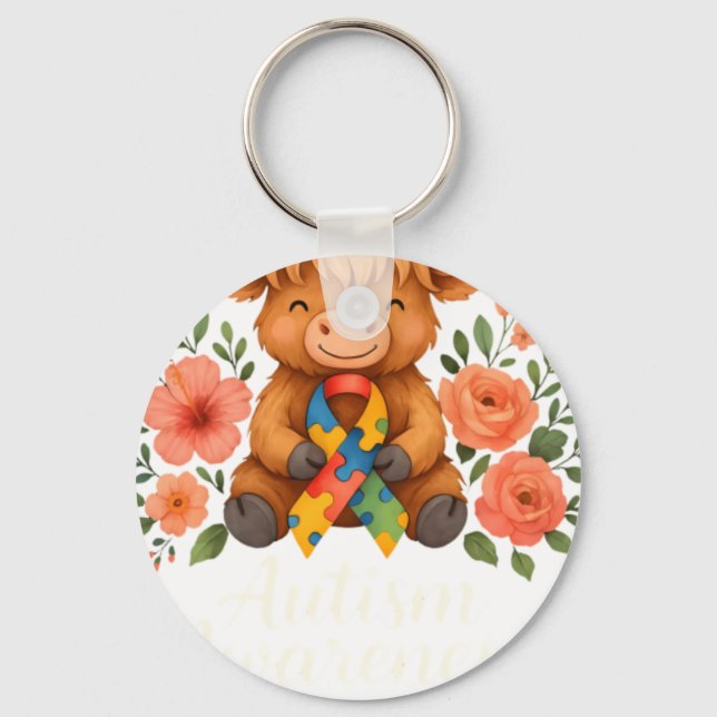 Llavero Autism Awareness Highland Cow Flora (Anverso)