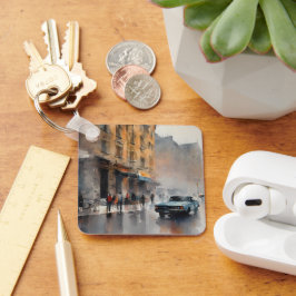 Llavero Auto azul vintage en el paisaje de la niebla