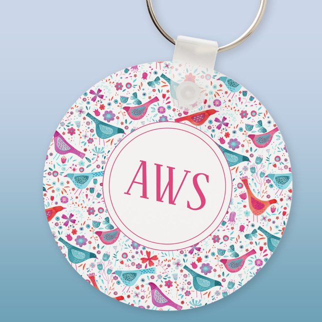 Llavero Aves acuarelas Monograma brillante (Watercolor birds personalized monogram initials aluminium keyring keychain)