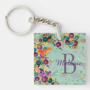 Llavero Aves acuarelas y flores de bonito personalizadas