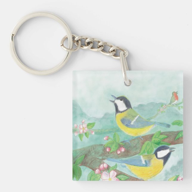 Llavero Aves cantando en una rama de árbol floreciente (Frente)