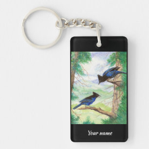 Llavero Aves de arrendajo estelar de acuarela personalizad