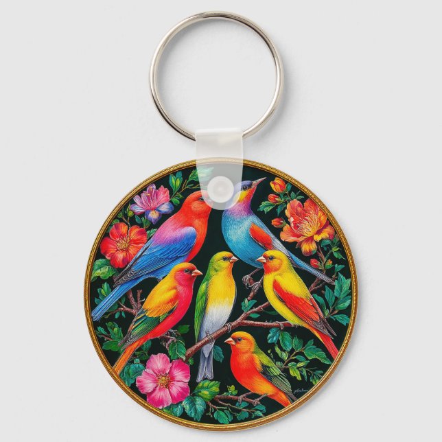 Llavero Aves vibrantes encaramadas en ramas floridas (Anverso)