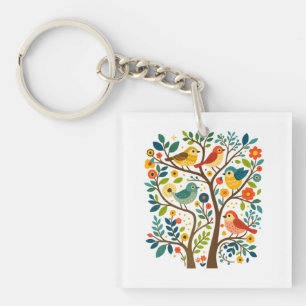 Llavero Aves y flores Arte folclórico escandinavo
