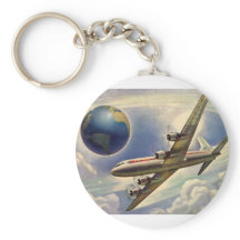 Avión de época volando por el mundo en nubes