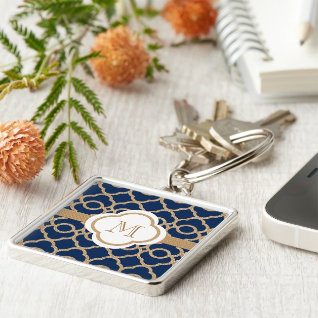 Llavero Azul del zafiro y marroquí cones monograma del oro (Lado)