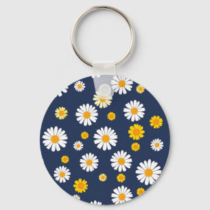 Llavero Azul Marino Amarillo Floral Simple Patrón Retro de