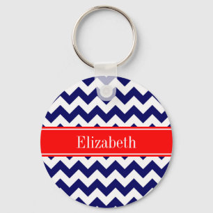 Llavero Azul Marino Blanco Chevron Zig Zag Rojo Nombre Mon