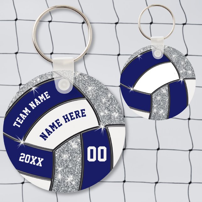 Llavero Azul marino, blanco, plata, regalos de voleibol a  (Volleyball keychains. Cheap Volleyball Team Gifts. Volleyball bag tags, backpack tags. End of Season)