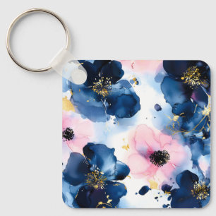 Llavero Azul Marino Rosado Dorado Floral Acuarela