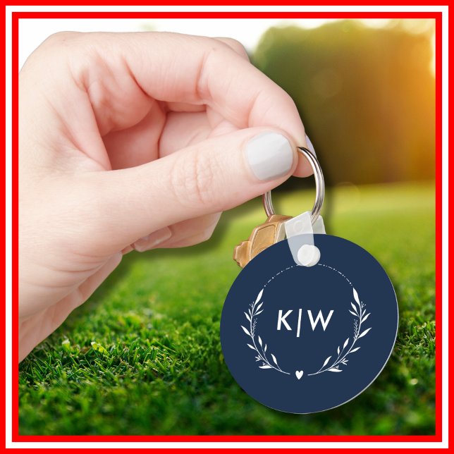 Llavero Azul marino y blanco | Monograma de Iniciales Mode (Navy Blue and White | Modern Initials Monogram Keychain)