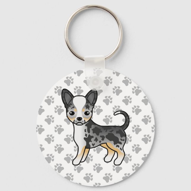 Llavero Azul Merle Smooth Coat Chihuahua Perro & Paws (Anverso)