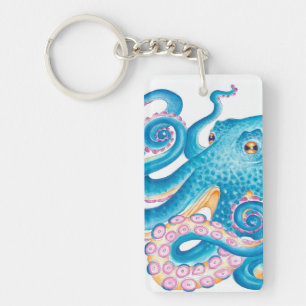 Llavero Azul Octopus Kraken Naranja color de agua rosada