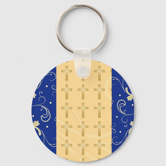 Llavero Azul, Oro, Cruz Cristiana, Keychain Favor Damask (Anverso)